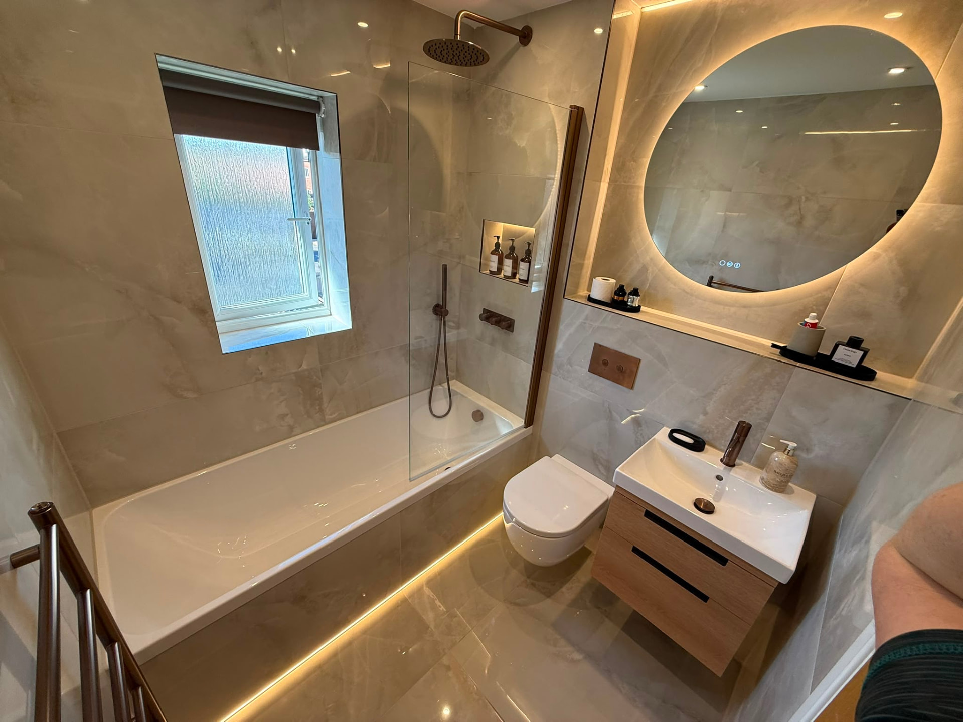 Warm Neutral Bathroom with Oak Vanity & Bronze Fittings by DPS Plumbing & Bathrooms in Urmston, Manchester