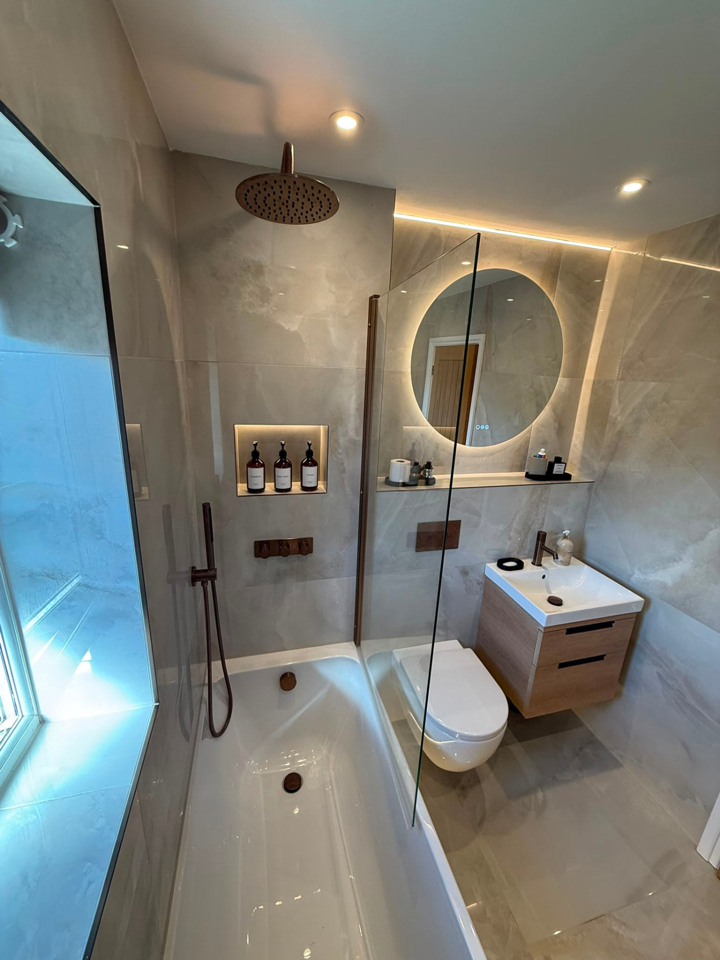 Walk-In Rainfall Shower with Bath & Vanity Combination by DPS Plumbing & Bathrooms in Heaton Moor, Stockport
