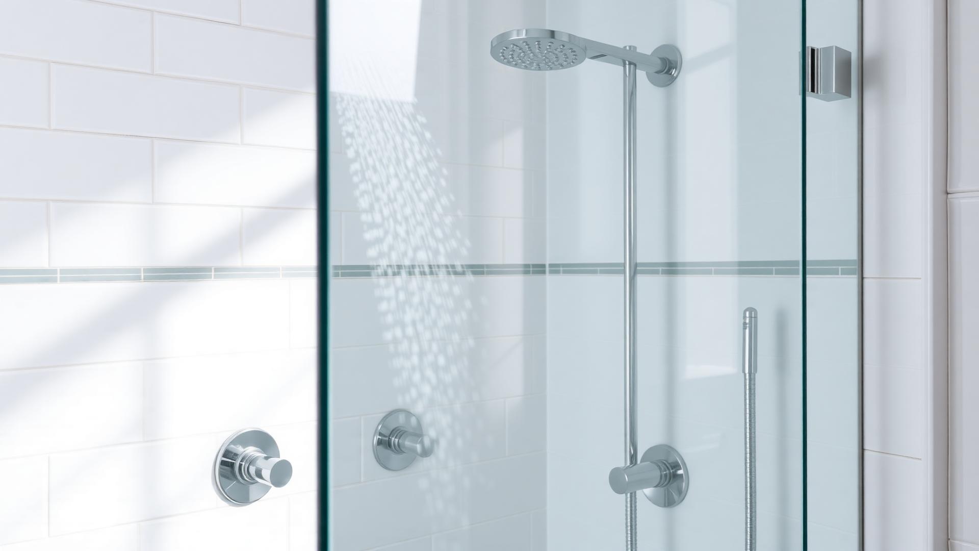 Walk-in glass shower enclosure with rainfall shower head professionally installed in a Salford bathroom by DPS